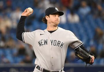 Sep 29, 2021; Toronto, Ontario, CAN; New York Yankees starting pitcher Gerrit Cole (45) throws a pitch against Toronto Blue Jay in the first inning at Rogers Centre. Mandatory Credit: Dan Hamilton-USA TODAY Sports