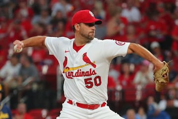 ST LOUIS, MO - SEPTEMBER 28: Adam Wainwright #50 of the St. Louis Cardinals pitches against the Milwaukee Brewers in the first inning at Busch Stadium on September 28, 2021 in St Louis, Missouri. Dilip Vishwanat/Getty Images/AFP == FOR NEWSPAPERS, INTE