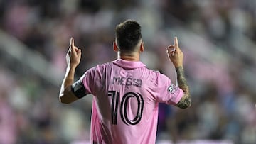 Aug 11, 2023; Fort Lauderdale, FL, USA; Inter Miami CF forward Lionel Messi (10) reacts after scoring a goal in the second half against Charlotte FC at DRV PNK Stadium. Mandatory Credit: Jeremy Reper-USA TODAY Sports